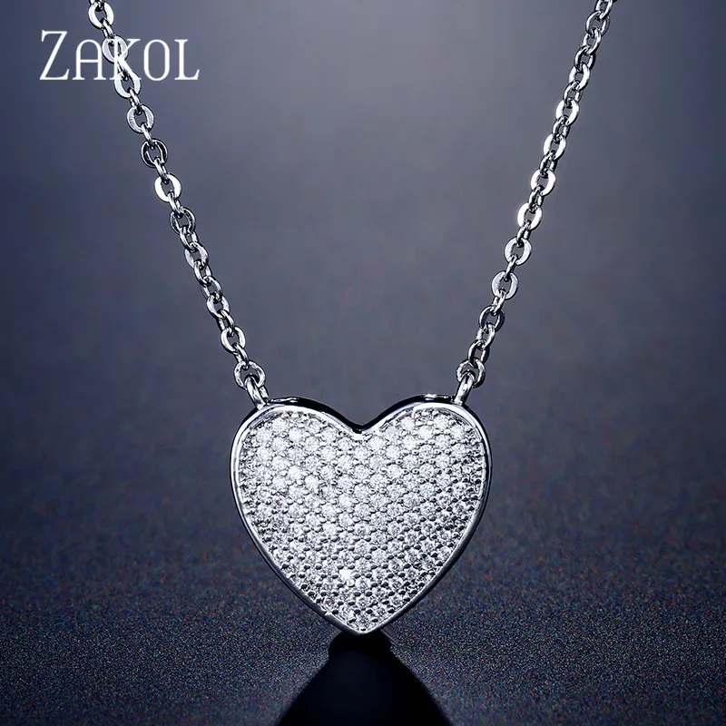 White Color ZAKOL романтическое ожерелье с кулоном в виде сердца из кубического циркония для женщин, модное колье, ювелирные изделия FSNP2095 - Окраска металла: White Color