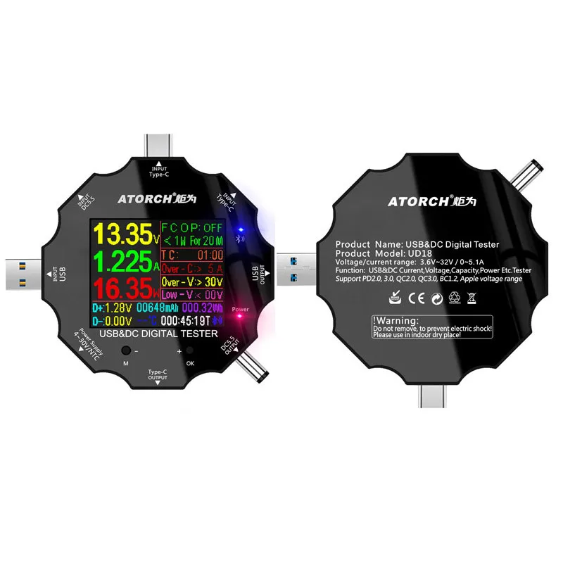 UD18 DC5.5 USB3.0 Тип-C тестер 6-Bit Высокая точность цифровой PD3.0 Вольтметр Амперметр Дисплей power bank метр для е-тестовая прикладная программа - Цвет: UD18