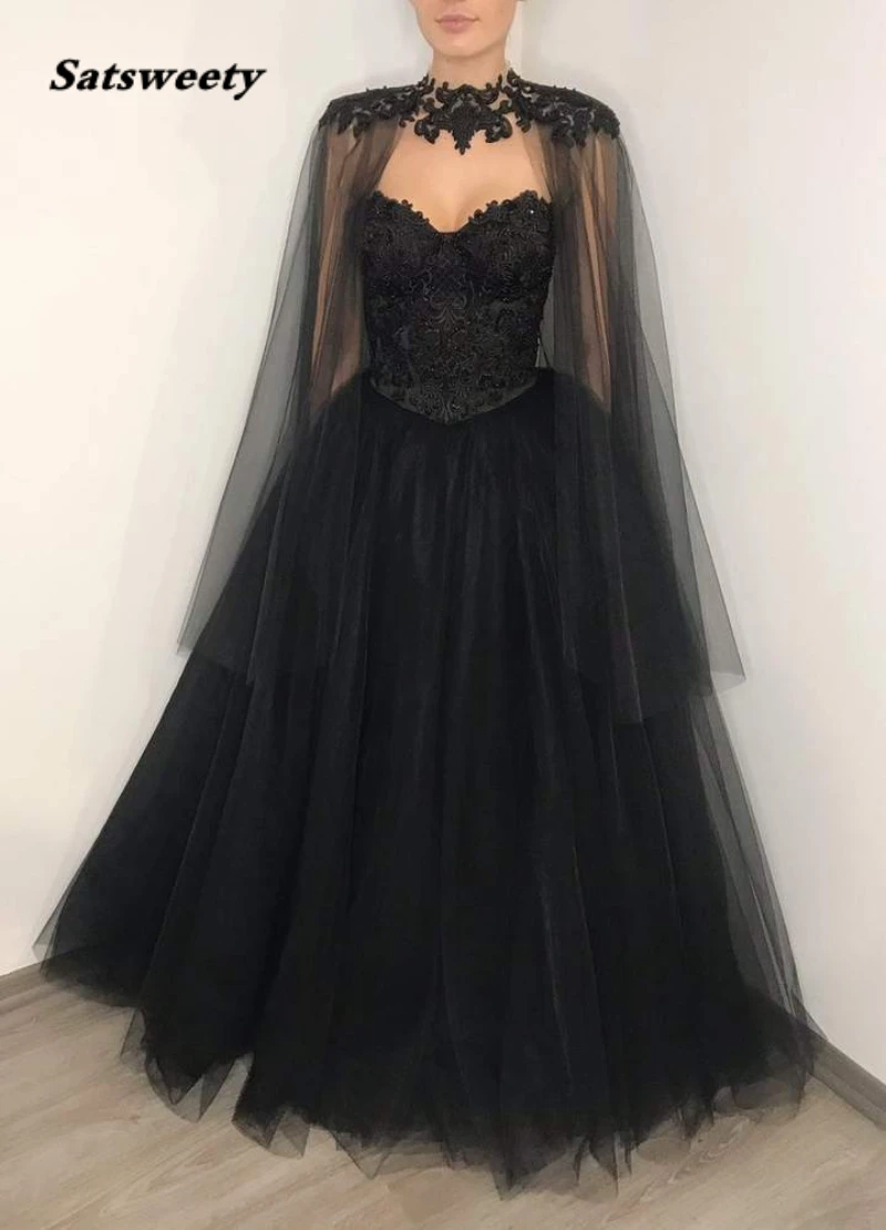 Heavy Beading Fantasy Gown Wedding Dresses Arabic Black Tulle Wedding Dress  Black Gothic Corset Lace Wedding Dress With Cape - Wedding Dresses -  AliExpress