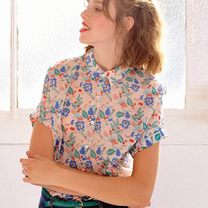 Floral Print Blouse Women Short Sleeve 