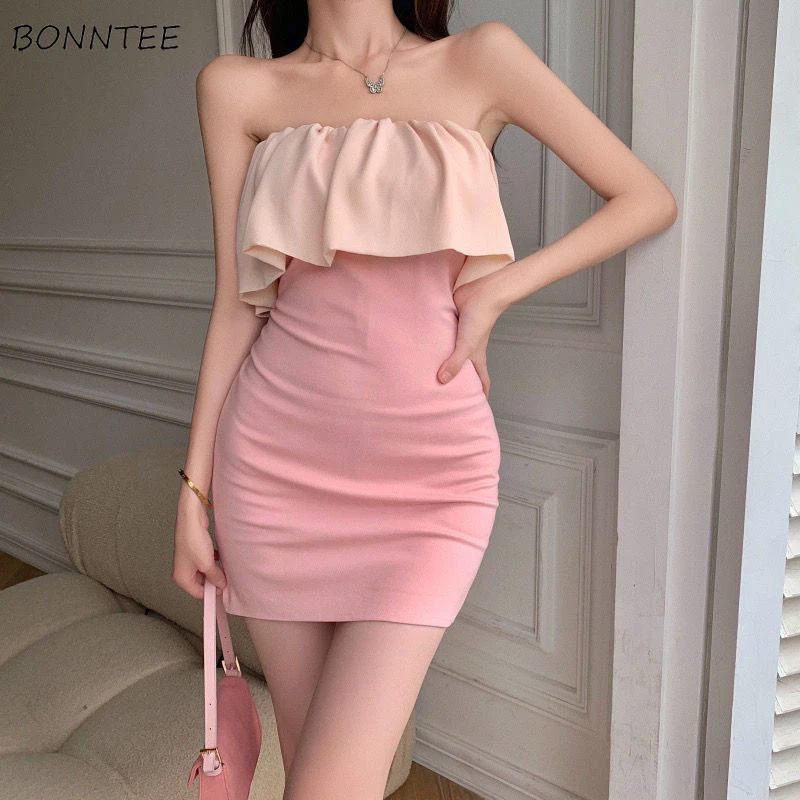 Ciencias Sociales músico implícito Vestidos sencillos y elegantes para mujer, ropa de calle de retales, sin  tirantes, estilo francés, de moda, color rosa|Vestidos| - AliExpress