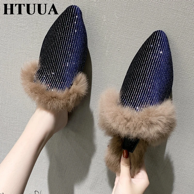 HTUUA/пушистые меховые тапочки; женские теплые плюшевые шлепанцы на плоской подошве; сезон осень-зима; женская обувь из флока с острым носком; пушистый мех; шлепанцы; SX3442