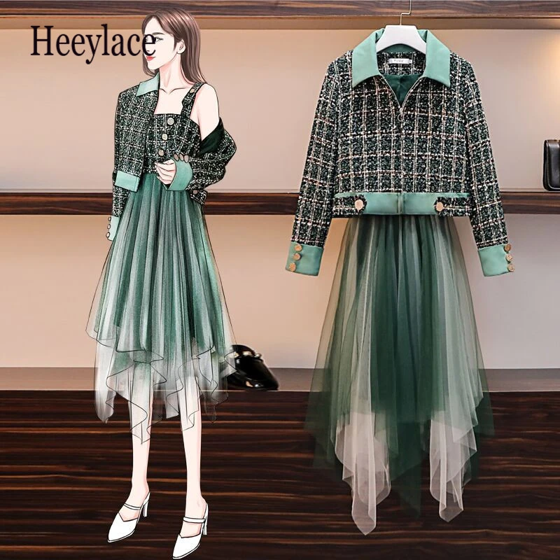 

plus size runway green plaid tweed short crop jacket+suspender button tweed wool patchwork mesh dress women winter 2 piece set