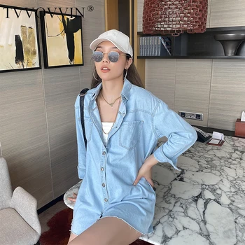 

TVVOVVIN Thin Top Women's 2020 New Hong Kong Style Loose Denim Shirt Full Sleeve Shirt Blouse Big Size Fashion BPXK