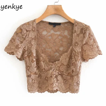 

Openwork Crochet Lace T Shirt Women Deep V Neck Short Sleeve Summer Sexy Tops Fashion Crop Top CCWM9825