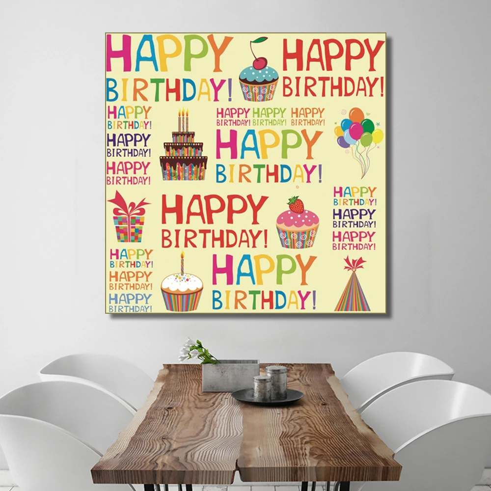 Laeacco Toile De Peinture Calligraphie Affiches Et Imprimes De Joyeux Anniversaire Tableau Artistique Mural Pour Fete D Anniversaire Decoration De La Maison Salon Aliexpress