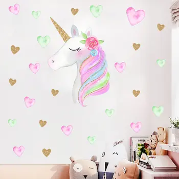 

Ins Unicorn Hearts Wall Stickers for Kids Room Baby Girls Rooms Bedroom Decor Cute Cartoon Animal Wallpaper Kids Room Decoration