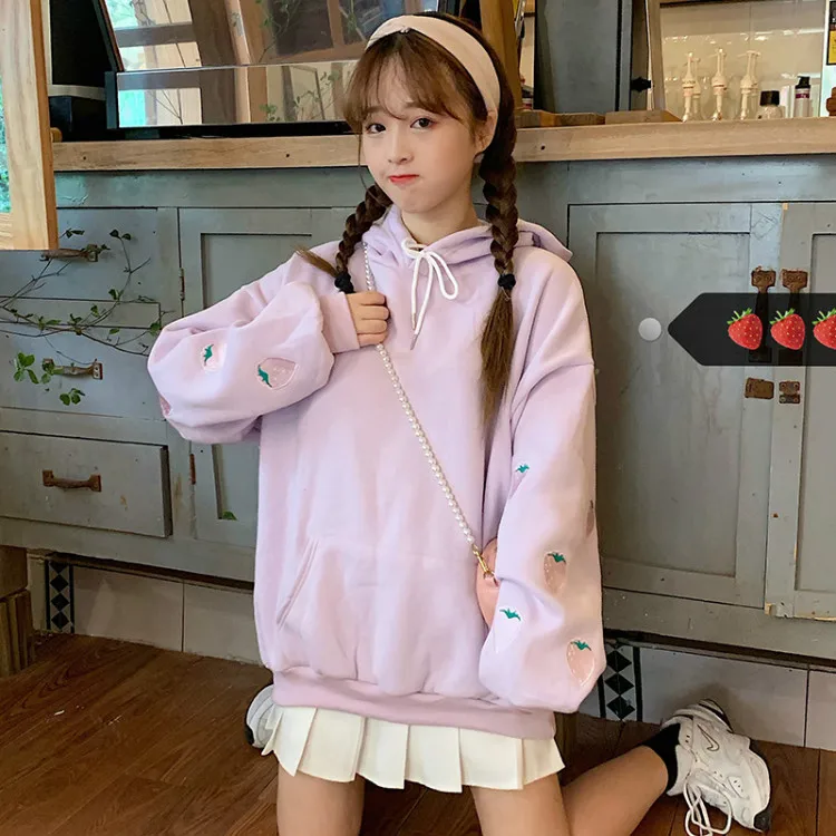 Autumn Wunter Strawberry Embroidery Cute Hoodies Japanese Harajuku Women Kawaii Hoodies Pullovers Long Sleeve Loose Sweatshirts