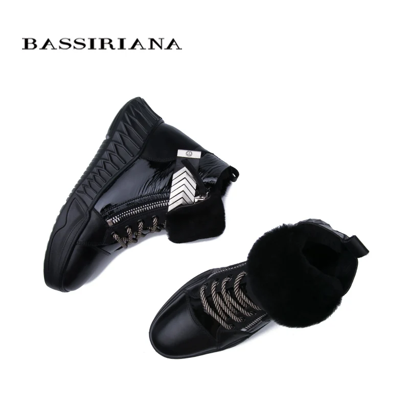 BASSIRIANA2019новая зимняя кожа натуральная шерсть женская обувь кожаные нескользящие туфли на платформе черные короткие сапоги