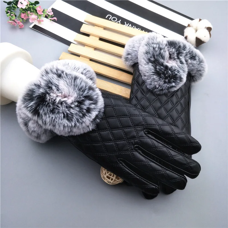 

Sparsil Women Winter Pu Leather Glove High Quality Full Finger Imitate Rabbit Fur Touch Screen Gloves Warm Elegant Lady Mittens