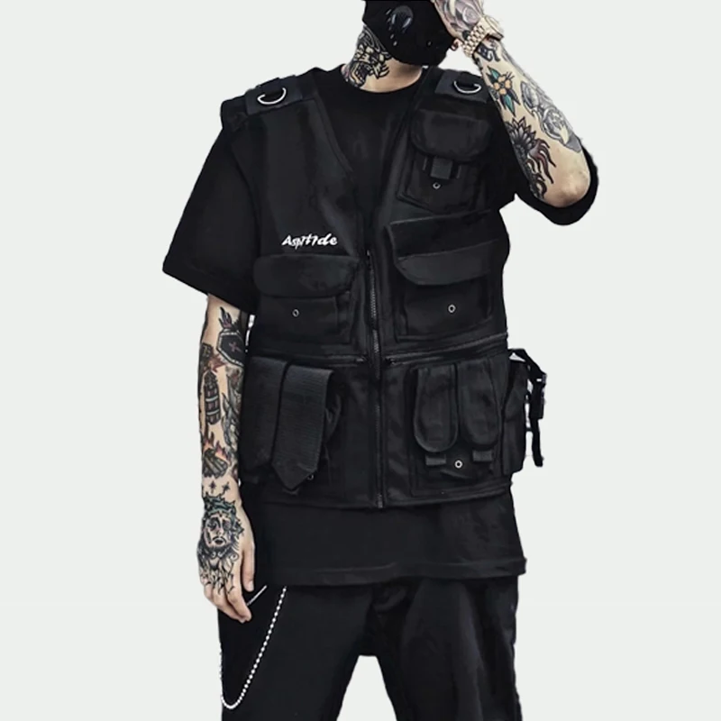 

Hip Hop Sleeveless Vests Side Cargo Waistcoat with Pockets Zipper Military Jacket Streetwear Tactical Vest Sweatshirts DG148