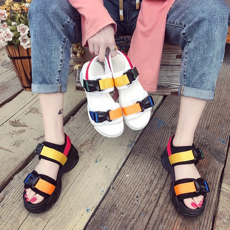 

2019 Sandals Women's Mixed Colors Spring And Summer New Style Versatile Korean-style Platform Thick Bottomed Low Heel Casual Stu
