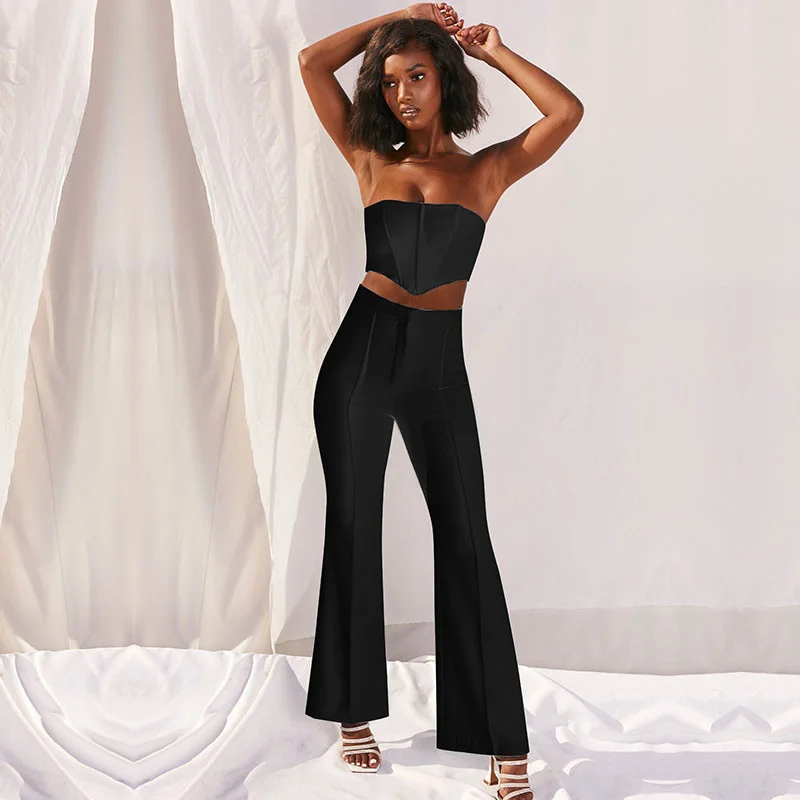 Two piece set of women's casual wear sexy Strapless sweatpants + solid slim pants autumn and winter series 2020 |