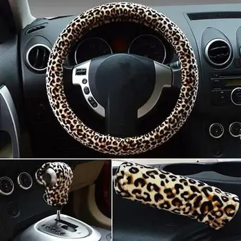 

3Pcs 38cm Winter Leopard Print Car Steering Wheel Hand Brake Shifter Cover Set