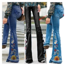 

Women Jeans Embroidered Denim Flare Trousers Autumn High Street Wide Legged Women Elasticity Breathe Reely Bell Bottom Pants