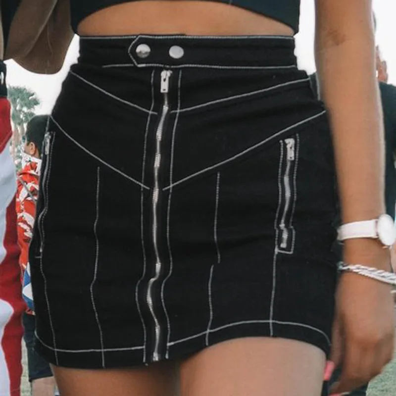 Летние новые сексуальные линии черного цвета женские мини юбки с молнией юбки женские Размеры s m l черные джинсовые юбки