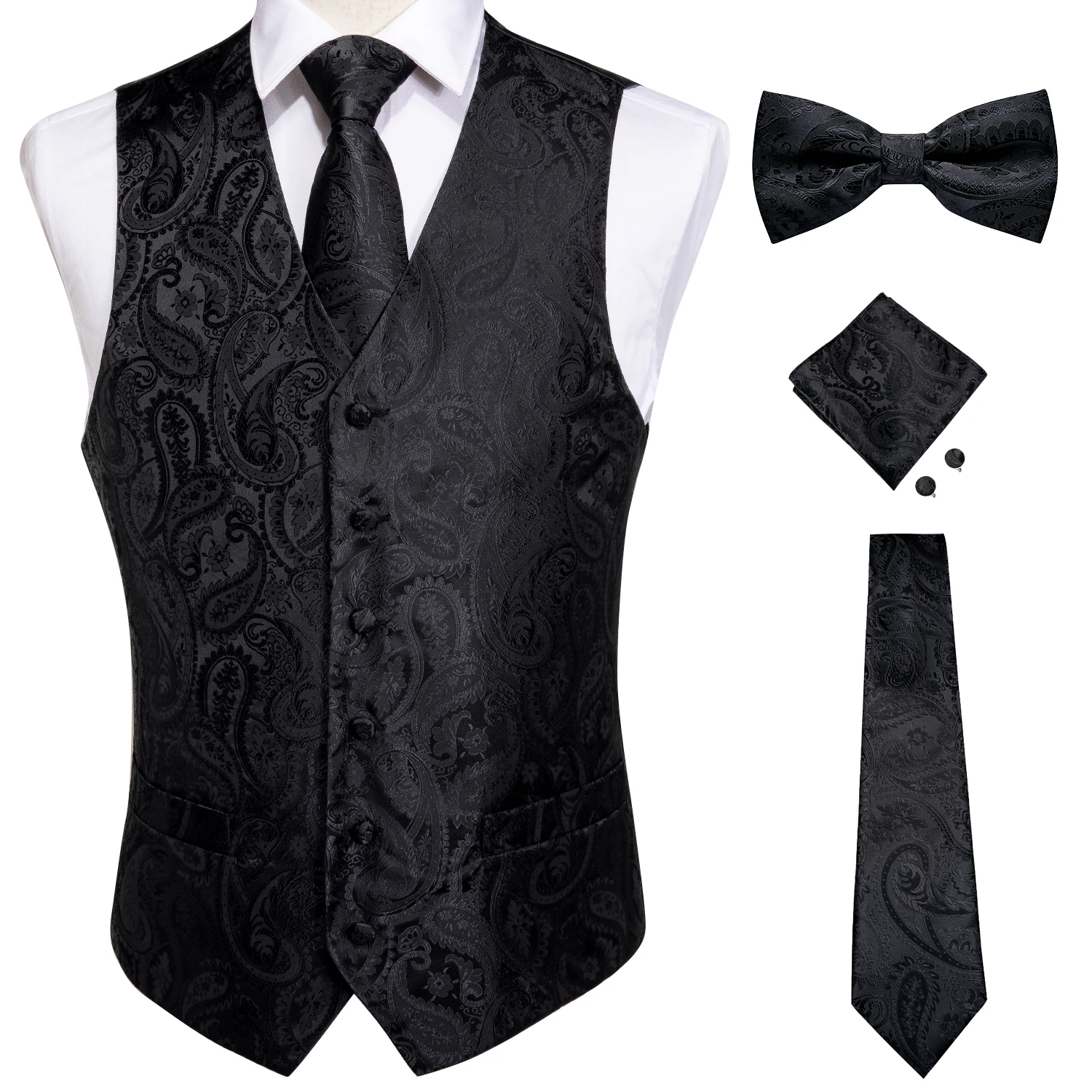 New Men's Paisley Tuxedo Vest Waistcoat & Cummerbund & Bow tie & Hankie Silver