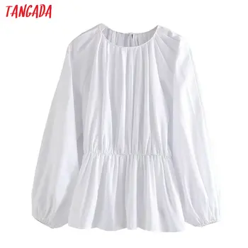

Tangada women solid white shirts long sleeve solid o-neck elegant pleated tunic tops blouses 4Q31