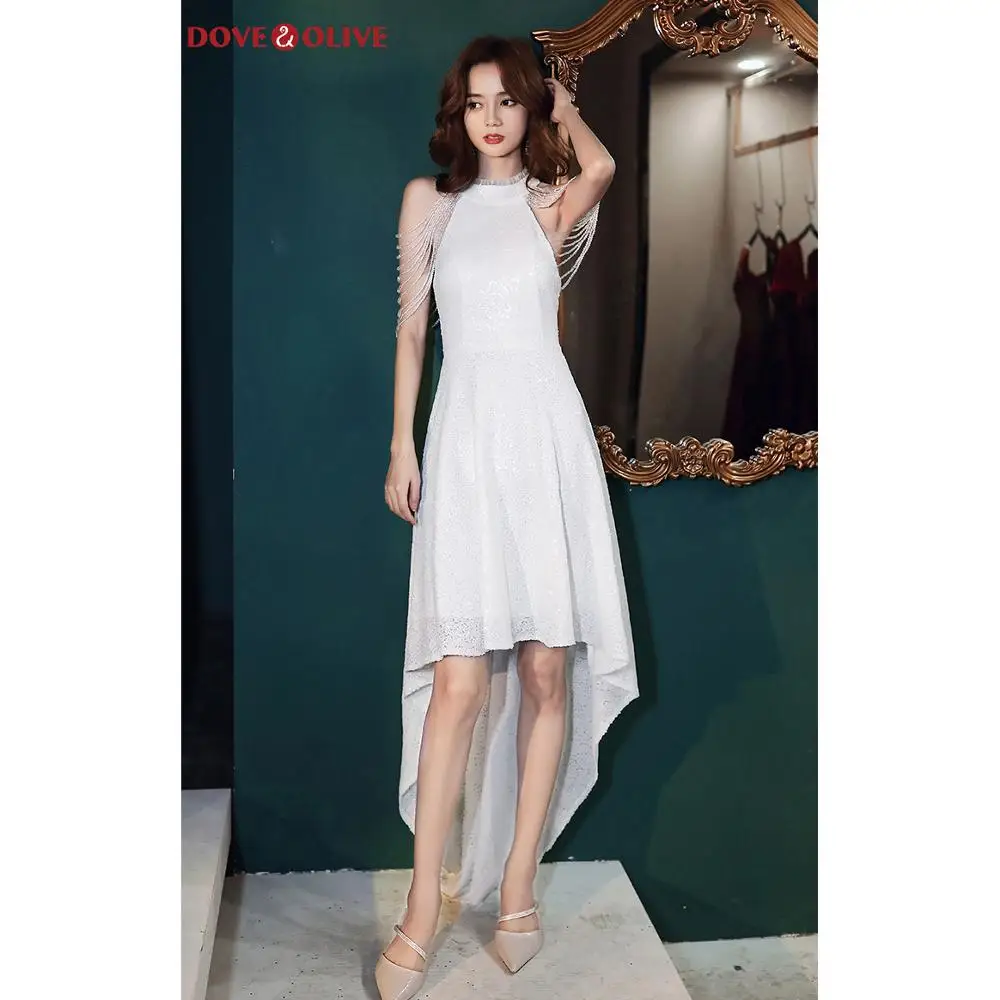 

White Sequined Hi-lo Prom Dresses Sparkle Beaded Tassel High Neck Short Front Long Back Evening Gowns Party Dress Sexy Sparkle