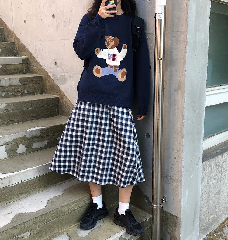 Harajuku Модный осенне-зимний женский вязаный свитер милый флаг медведь мультфильм Вышивка пуловер свитер с длинным рукавом свитер