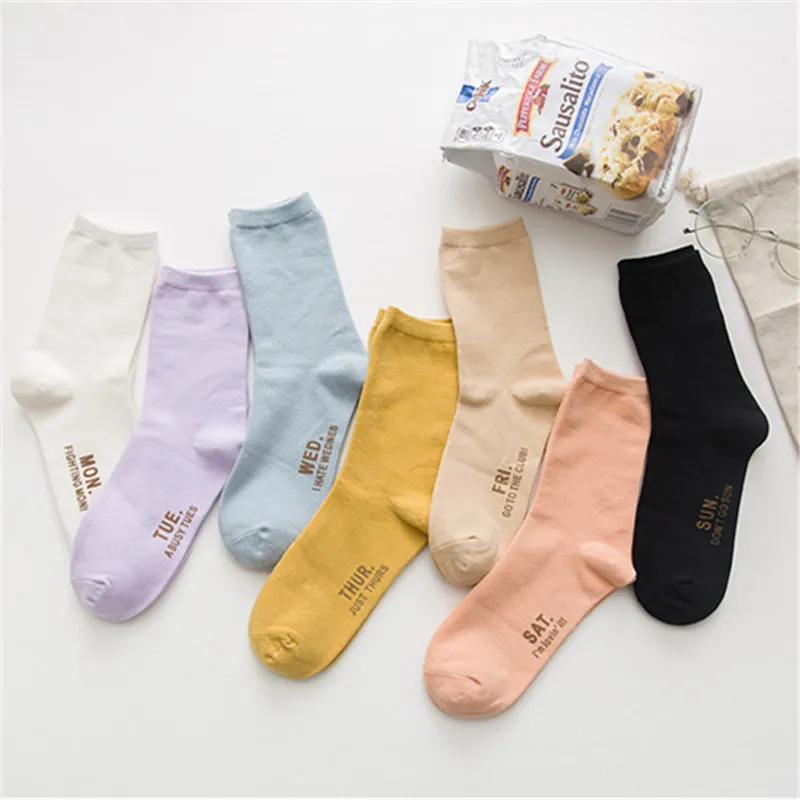 7 шт. в комплекте Для женщин носки японо-Стиль горячего тиснения буквами 7 дней носки без пятки Женская Мода для влюбленных и детей постарше в Корейском стиле-Стиль ворс Стиль