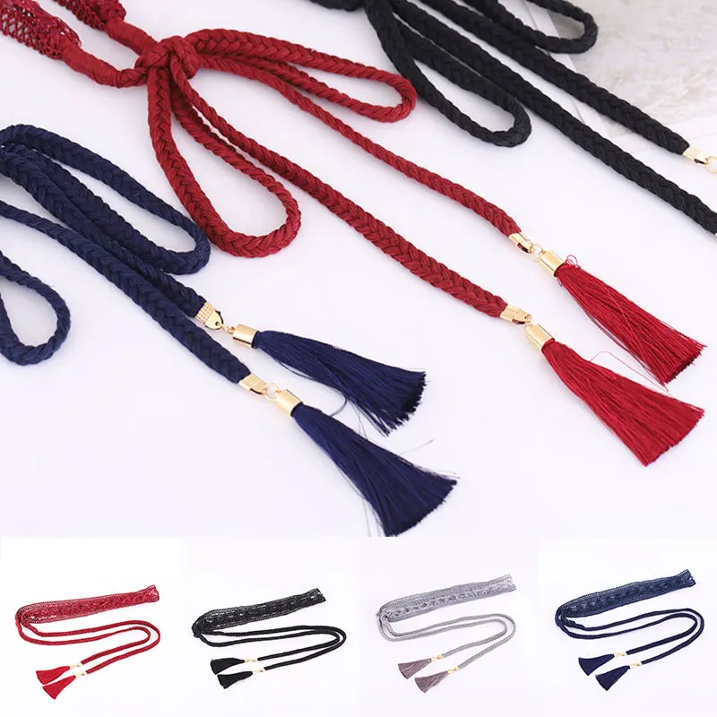 

Weaving Belt Waist Rope Lace Hollow Waist Chain Tassel Decoration Thin Knitted Belt Women Belt Bow Tie Knot Dress Accessories