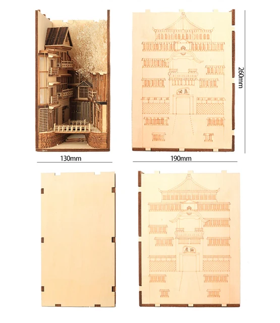 Spiriteds Away DIY Wooden Dragon Alley Book Nook Shelf Insert Kits Ginzan Onsen Building Bookends Anime Bookshelf Furniture Toys 5