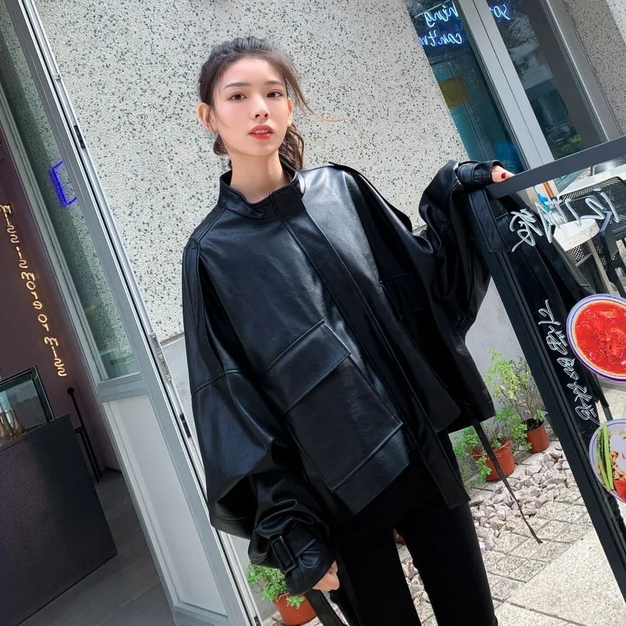 SHENGPALAE, однотонные черные Куртки из искусственной кожи с рукавами-фонариками и стоячим воротником, свободные винтажные женские пальто большого размера в Корейском стиле FL9610