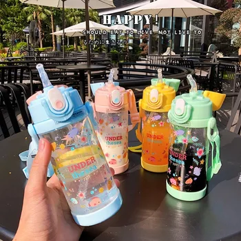 

Children's Cartoon Printing Tritan Plastic Bottle Brief Cute Straw Cup with Rope 400ml Large Capacity Outdoor Portable Milk Cups