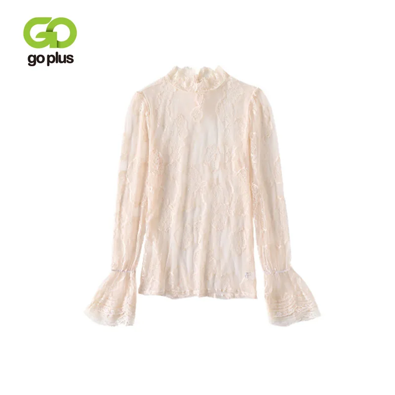 

GOPLUS Women's Lace Blouse Elegant Formal Embroidery Long Sleeve White Shirt Office Ladies Floral Hollow Fashion Women