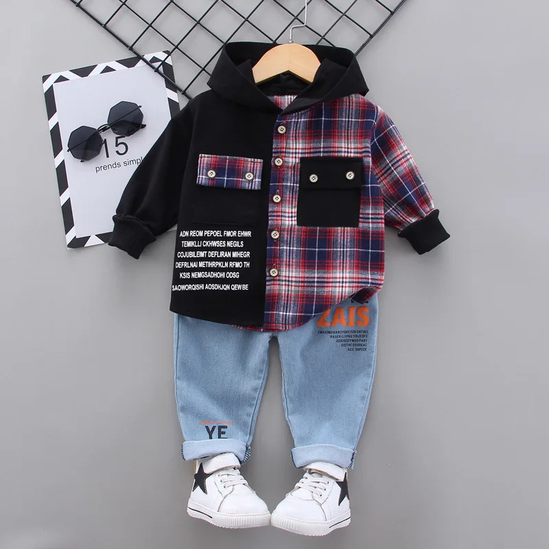 Casual Kids Children's Clothing Girl Autumn Clothing Boy Birthday Gift Toddler Boy Children's Clothes Plaid Shirt + Jean