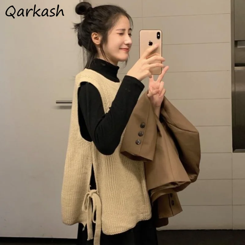 SweaterVestsWomenLaceupDesignKnittedAutumnSideslitBasic