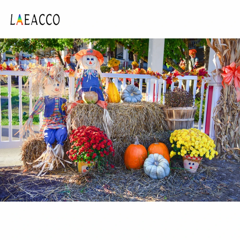 

Laeacco Haystack Scarecrow Flowers Scene Photography Background Portrait Vinyl Photocall Photographic Backdrop For Photo Studio