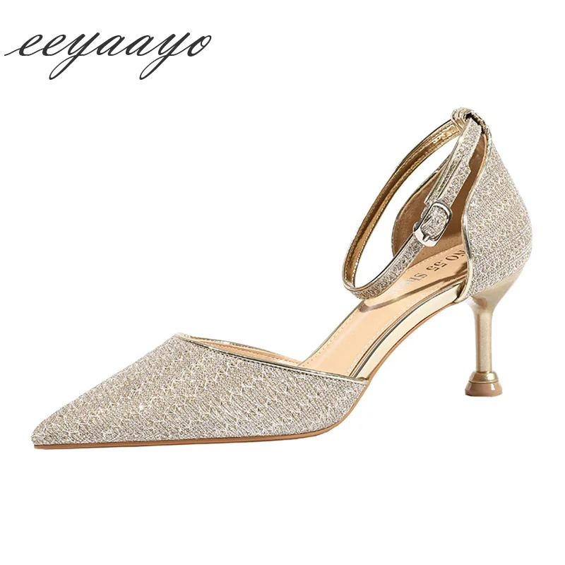 

2020 New Summer Women Ankle Strap Sandals High Thin Heels Pointed Toe Bling Wedding Women Shoes Gold Sexy Ladies High Heels