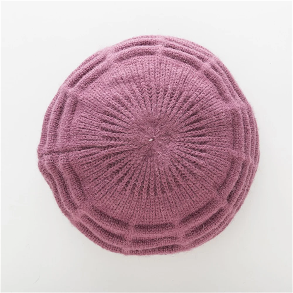 BEFORW New Knitted Warm Winter Wool Hats For Women Classic French Plus Velvet Beret Jacquard Casual Caps - Цвет: Light Purple
