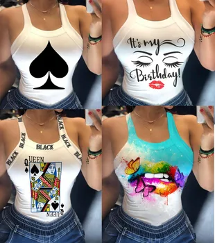 

Solid Color Poker Spades Q Butterfly Lip Print Backless Bow Summer Women Vest European and American Hot Style Outfits
