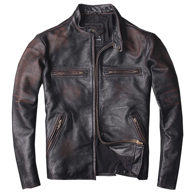 Винтажная Черная Мужская Американская Байкерская кожаная куртка размера плюс 6XL Натуральная Воловья кожа Весенняя приталенная мотоциклетная куртка - Цвет: Vintage Brown