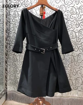 

2019 Autumn Winter Fashion Black Dress High Quality Ladies V-Neck Buckle Belt Half Sleeve Casual Party Sexy Short Dress Girl