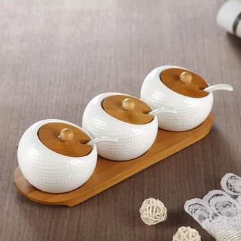 

Ceramic Spice Rack Golf Seasoning Box Salt and Pepper Containers Set for Spices with Bamboo Lid Tray Serving Spoon Condiment Jar
