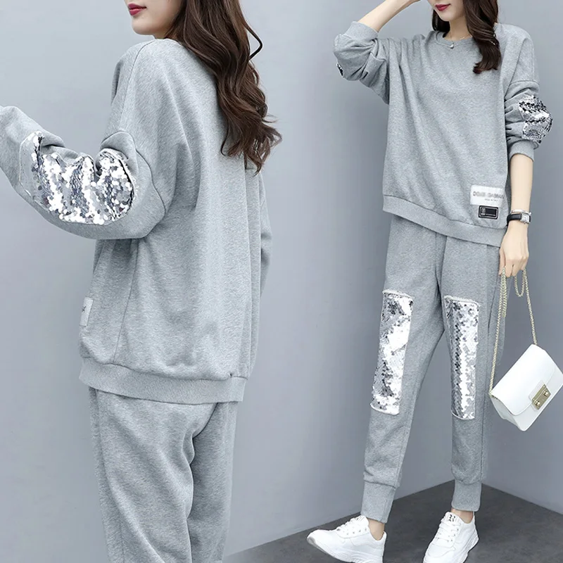 

Casual Autumn Winter Women Warm Two Piece Sports Suit Plus Size O Neck Sequin Beading Sweatshirt And Slim Pant Gray 2 Pcs Sets