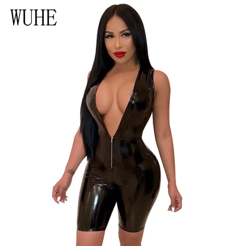 

WUHE PU Leather Sexy Short Rompers Womens Jumpsuits Summer Sleeveless Open Crotch PU Leather Playsuits with Zipper Plus Size 3XL