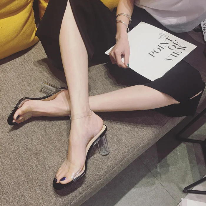 

Crystal Summer 2019 New Style Chunky-Heel Straight-line Buckle Peep-Toe Transparent High Heel Shoes Fish Mouth Chunky-Heel Gel S