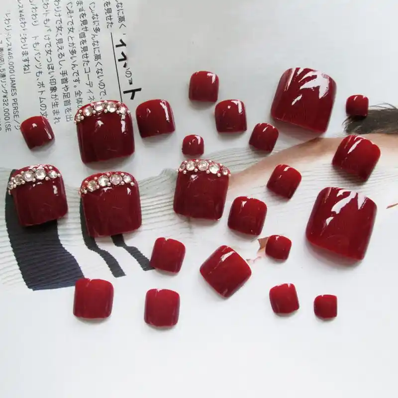 False Nails 24pcs Set Fake Toe Nail Silver Red Rhinestone Foot False Artificial Nails With Glue Summer Beauty Toenail Nail Art False Nails Aliexpress
