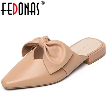 

FEDONAS Women Spring Summer Sheepskin Sandals Half Slippers Butterfly Knot Pointed Toe Low Heel Concise Sweet Casual Shoes Woman