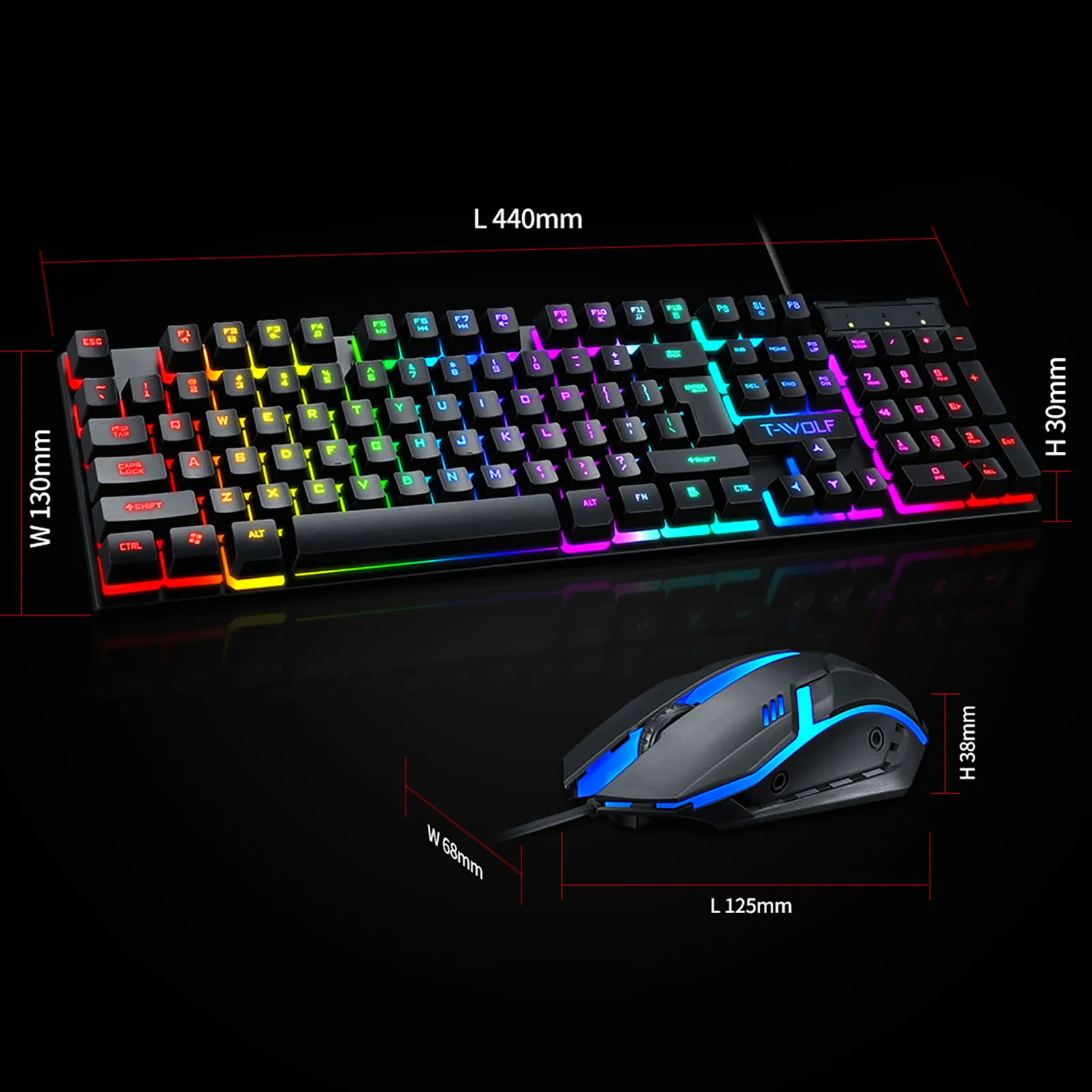 Fashion TF200 Rainbow Backlight Usb Ergonomic Gaming Keyboard and Mouse Set Gaming keyboard Wired Gaming Mouse Kit 104 Keycaps