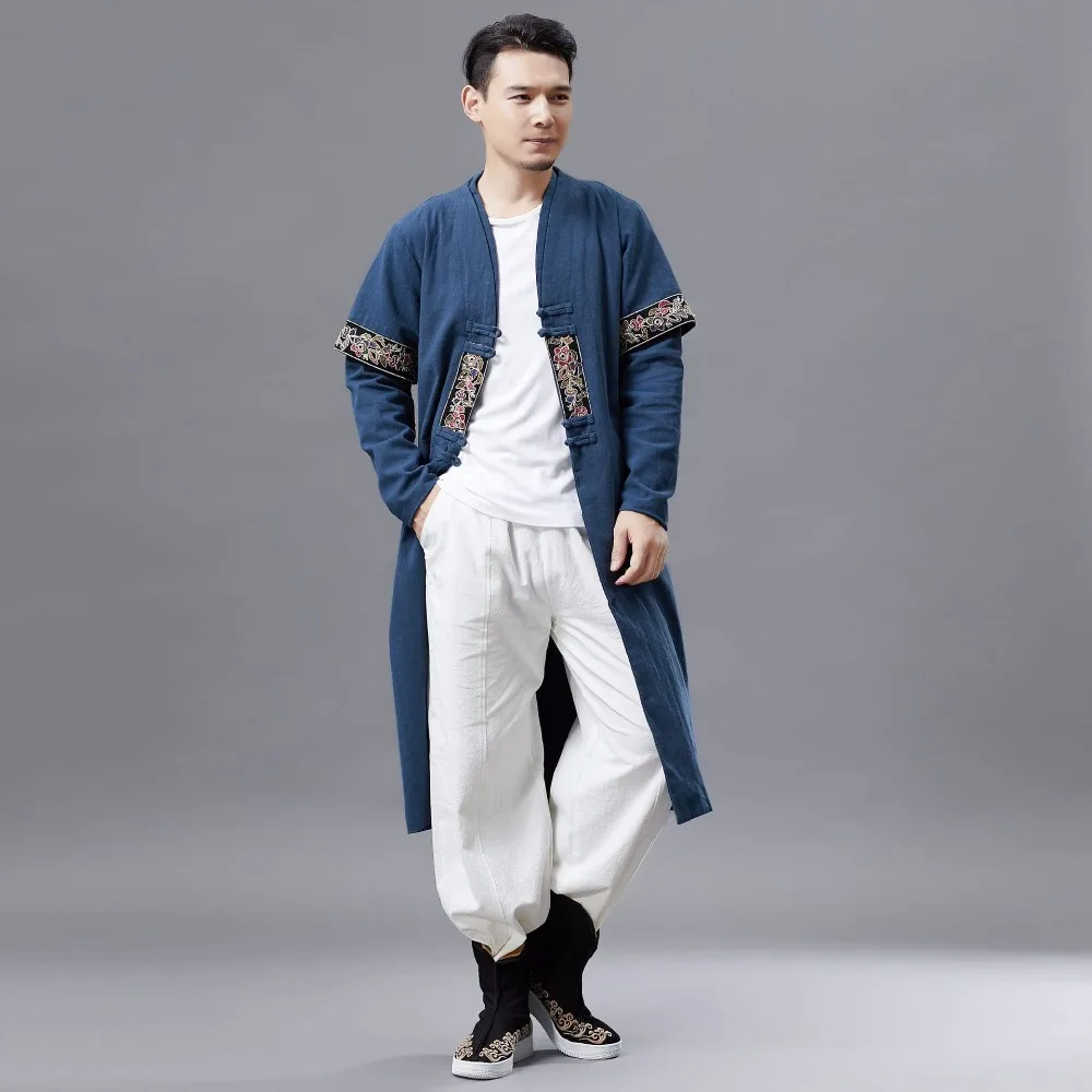 LZJN 2019 Men Autumn Trench Coat Cotton Linen Longline Long Sleeve Jacket Chinese Frog Buttons Outfit Overcoat with Pockets (6)