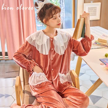 

Sexy Lingerie Velvet Sleepwear Women's Pajama Set Nightwear Princess Top & Long Pant Pijama Mujer Autumn Winter Warm Homewear