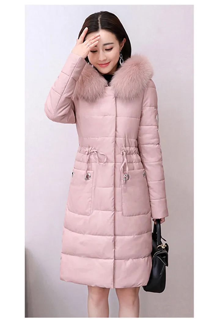 Женская куртка из натуральной кожи средней длины, новинка, зимний пуховик с воротником из лисьего меха, теплое хлопковое пальто, Свободное пальто, большие размеры, Q144