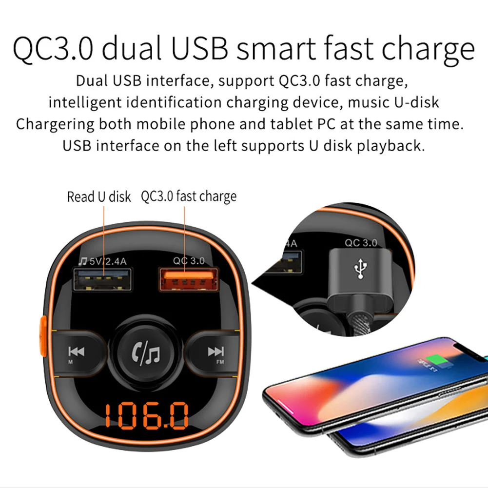 QC3.0 Bluetooth 5,0 автомобильное радио fm-передатчик MP3-плеер адаптер двойной USB зарядное устройство