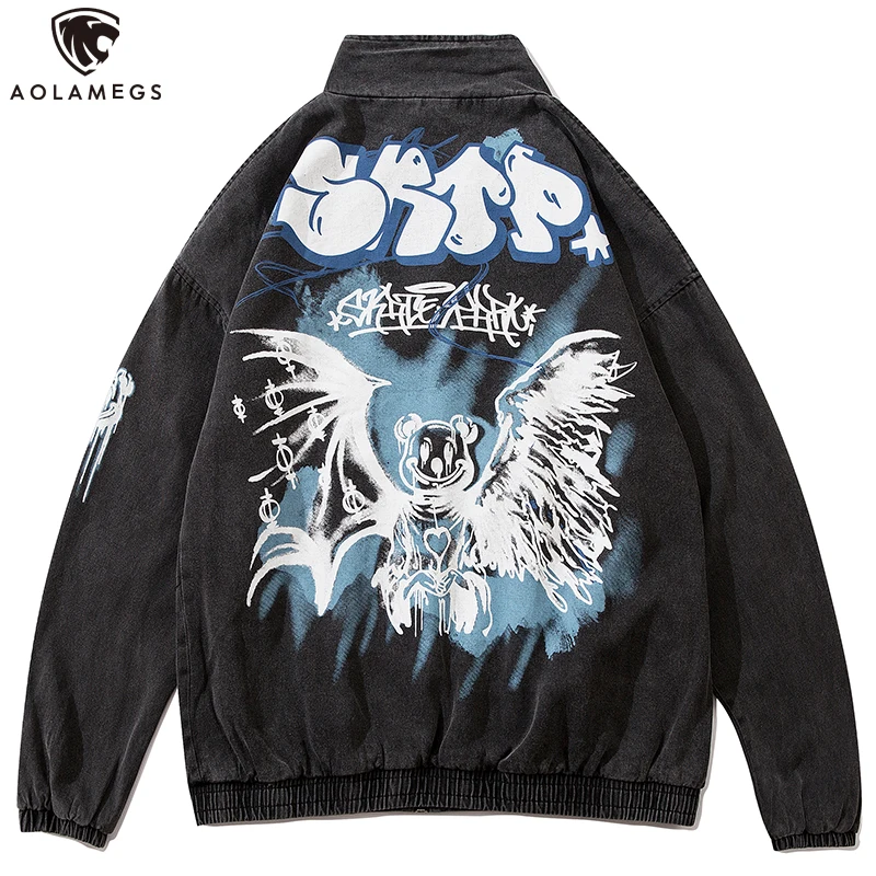 

Aolamegs Denim Jackets Men Colorful Cartoon Graffiti Zipper Coats Baggy High Street Punk Rock Pink Black Bomber Jacket Men Tops